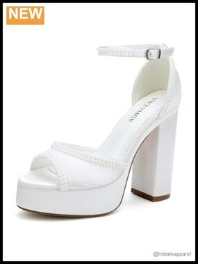 Pearl Satin Platform Heels Ankle Strap Open Toe Wedding Bridal Sandals